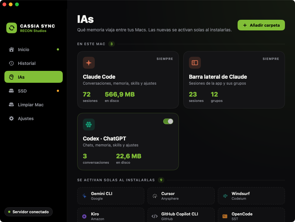 Sección IAs de Cassia Sync con tarjetas de Claude Code, la barra lateral de Claude y Codex