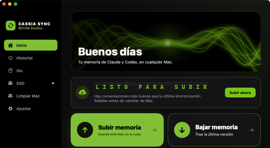 Pantalla de inicio de Cassia Sync con el estado Listo para subir y los botones Subir memoria y Bajar memoria