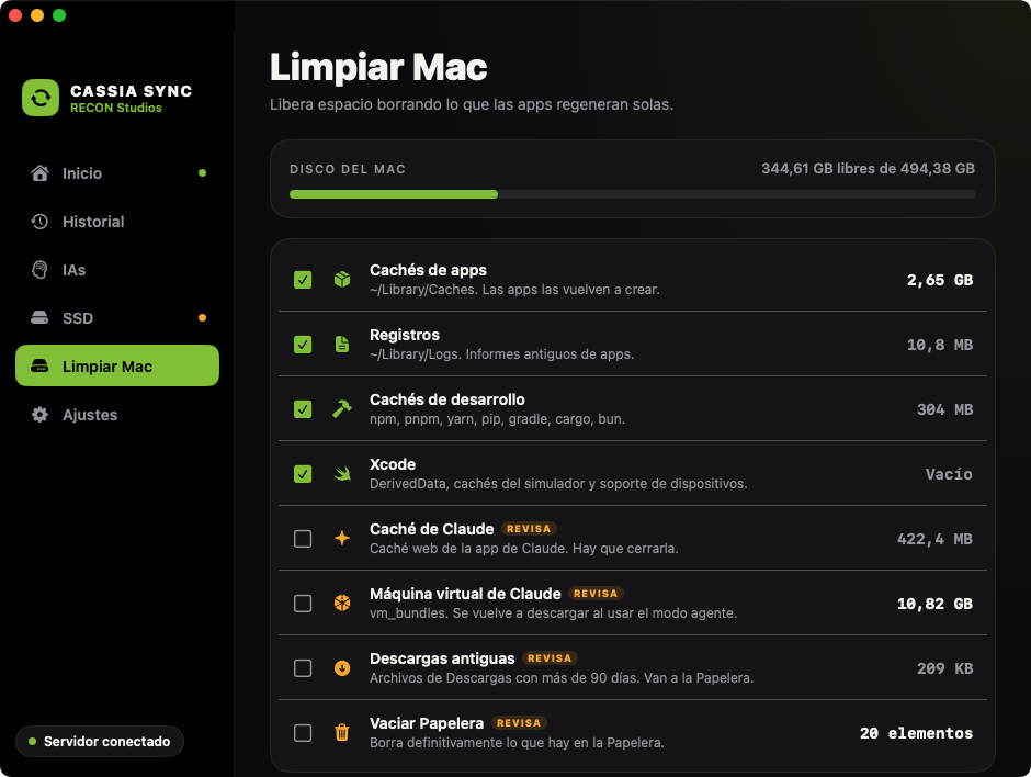 Sección Limpiar Mac con categorías de cachés, registros y descargas antiguas